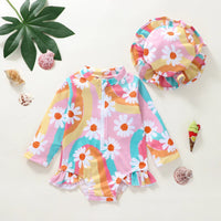 Girls Flower Print Sun Hat Sunscreen Swimsuit Suit