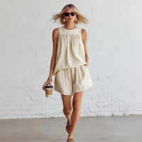 Cotton-linen Sleeveless Top And Wide-leg Shorts Set