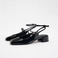 Women's Patent Leather Block Heel Open Back Square Toe Flat Sandals