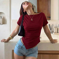 Fashionable Slim-fit Solid-color Short-sleeve Top For Women