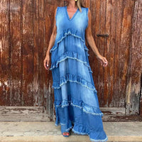 Solid-color V-neck Fashionable Raw-edge Patchwork Denim Dress