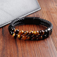 Men's Stainless Steel Leather Braided Handmade Multi-Layer Bracelet