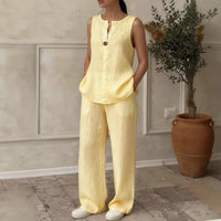 Women's V-Neck Sleeveless Knit Vest And Extended-Length Pants Set - Casual Cotton Blend Matching Outfit