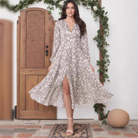 Elegant Printed V-Neck Long-Sleeve Womens Dress