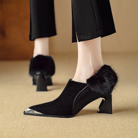 Womens Retro Chic Versatile Metal Pointed-Toe Slimming Cotton Shoes With Zipper And High Heel