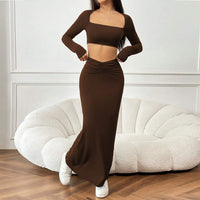 Womens Simple Elegant Fashionable Two-Piece Set Cropped Top And Long Skirt
