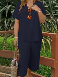 Solid-color V-neck Short-sleeve Top And Wide-leg Pants