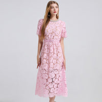Lace Crew-Neck Beaded High-Waisted Defined-Waistline Dress