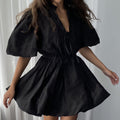 Stand-collar Sweet Lace-up Pleated Waist-cinched A-line Dress