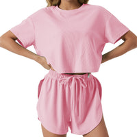 Womens Casual Two-Piece Set Short-Sleeve Top With Elastic Waist Shorts