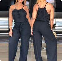 Solid Color Cotton And Linen Drawstring Casual Jumpsuit