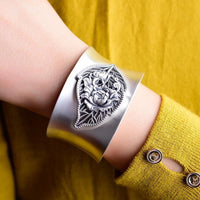 Womens Wide Stylish Open Bangle In Brushed Pure Silver With A Vintage Look