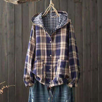 New Korean-style Oversized Artistic Retro Casual Plaid Cotton-linen Double-layer Shirt With A Hood