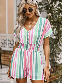 Summer New Striped Loose Short Sleeve Slim Women Jumpsuit