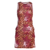 Vacation Print Side-Hollowed Sheer Dress