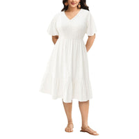 Solid-color V-neck High-waisted Loose-fit Short-sleeve Dress