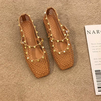 French Style Hollow-out Nude Apricot Temperament Sandals For Women, New 2026 Summer Gentle Rivet Fairy Mary Jane Mesh Sandals