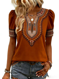 New Printed V-neck Puffed Short-sleeve Casual Fashion Top