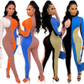 Sexy Threaded Color Block Long Sleeve Slim Jumpsuit