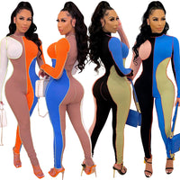 Sexy Threaded Color Block Long Sleeve Slim Jumpsuit