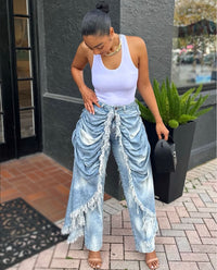 Womens High-Waisted Denim Jeans With Ruffled Hems