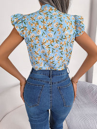 Women's Casual Floral Print Ruffle Trim Tie Bow Chiffon Blouse
