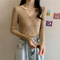 Pleated V-neck Knitted Bottoming Shirt Long Sleeve Sweater