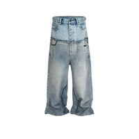 Cat Whisker Distressed Long Pants Unisex Double Waist Patchwork Jeans
