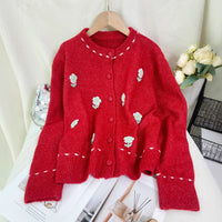Women's Patchwork Flower Knitted Cardigan Round Neck Casual Sweater