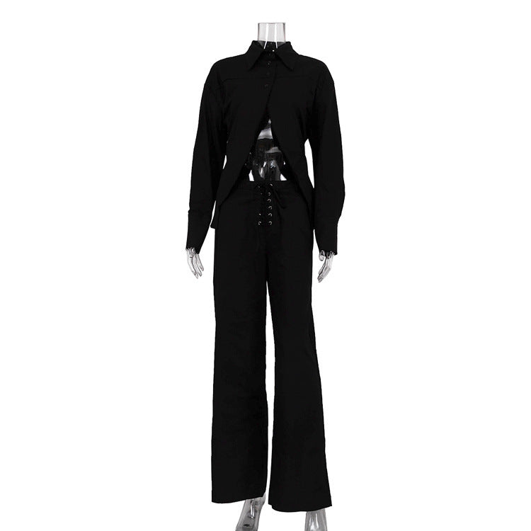 Lapel Long Sleeves Cropped White Shirt Hollow Out Tied Wide Leg Pants Two-piece Set