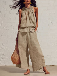 Retro Ruffled Cotton-Linen Two-Piece Set
