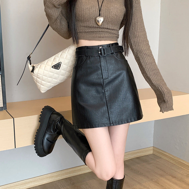 American Retro Hot Girl A- Line Leather Skirt