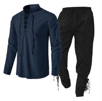 Men's Long Sleeve Linen Cotton Shirt Casual Solid Color Two-Piece Set
