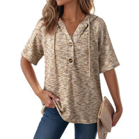 Womens Waffle-Weave Buttoned V-Neck Hoodie With Drawstring