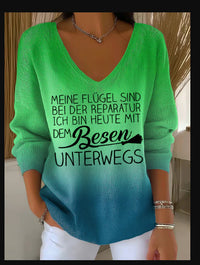 Womens Ribbed V-neck Three-quarter-sleeve Loose-fit T-shirt