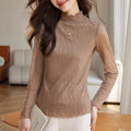 Textured Lace Base Layer Top Fashionable Fringed Mock Turtleneck Trendy Long-sleeve T-shirt For Layering