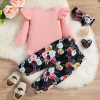 Sunken Stripe Long-sleeved Triangle Romper Flower Print Trousers Baby Girl Children's Suit