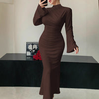 Figure-flattering, Elegant All-match Flared-sleeve Mock-neck Sheath Maxi Dress