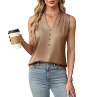 Womens Satin Button V-Neck Sleeveless Top