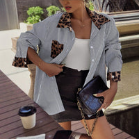 INS Leopard Striped Patchwork Shirt Fashion Casual Long-sleeved Button Lapel Top Women's Clothing