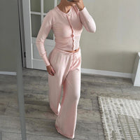 Stylish Summer Cardigan With Buttons Knitted Long-Sleeve Crew-Neck Top And Pants Casual Set