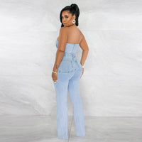 Women's V-Neck Denim With Hole Zip Pocket Jumpsuit