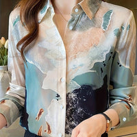 Womens Retro Printed Long Sleeve Lapel Shirt With Floral Print