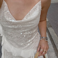 Sequin-trimmed Off-the-shoulder Irregular Hem Pleated Dress