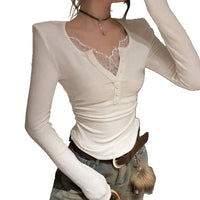 Buttoned V-neck Patchwork Lace T-Shirt Base Layer