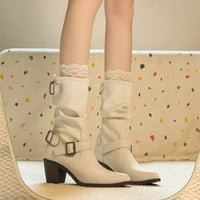 Retro Mid-calf Stacked Pointed-toe Chunky-heel Boots