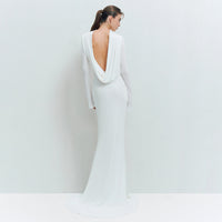 Simple Solid-Color Scoop Neck Backless Pleated Bodycon Long-Sleeve Dress