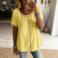 Women's Spring Summer Comfortable Casual Patchwork Hollowed-Out Trim Top T-Shirt