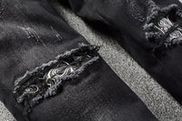 Black Cashew Flower Printed Patch Torn Jeans For Men