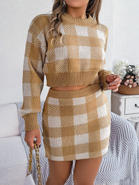 Women Casual Color Block Plaid Long Sleeve Cropped Sweater & Skirt Set